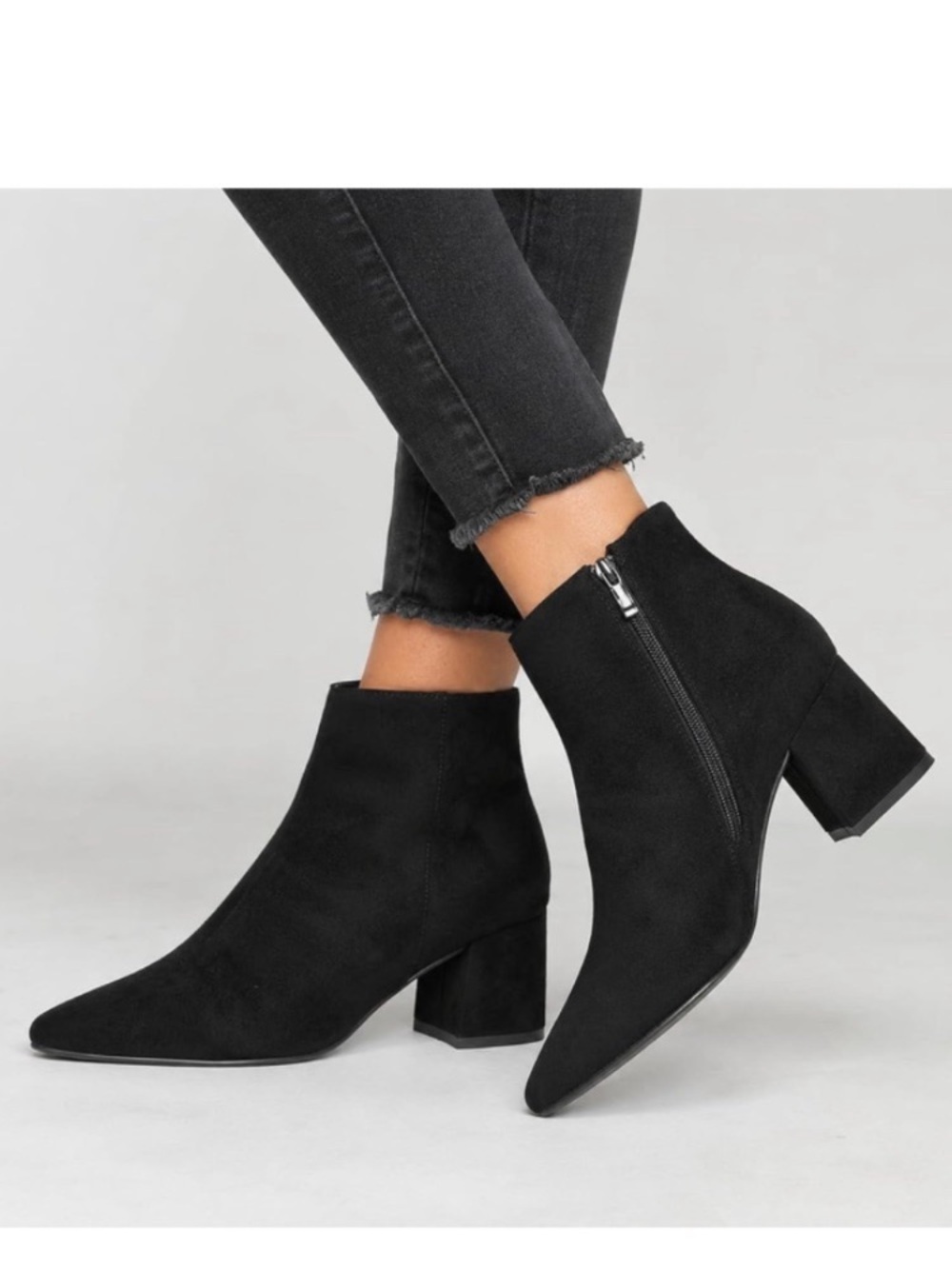NWB X2B NESSA 1 FAUX SUEDE POINTED TOE BLOCK HEEL ANKLE BOOTS VEGAN SIZE 9